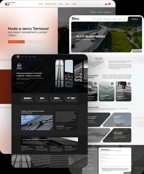 Kolaż makiet z naszymi realizacjami - nowoczesne strony internetowe Nowy Sącz dla branży budowlanej i handlowej